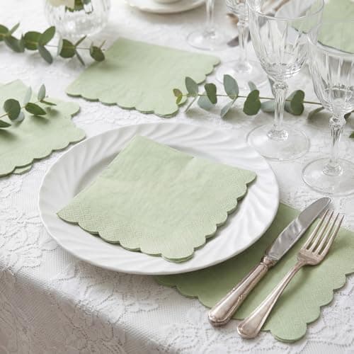 NatNarr 120 Pcs Cocktail Napkins Sage Green Easter Napkins Disposable Dessert Beverage Napkin Scalloped Paper Napkin for Wedding, Bridal Baby Shower, Birthday, 5 x 5 Inch - Thumbnail 6