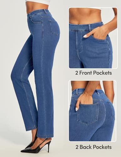 IUGA Straight Leg Jeans for Women Stretchy Pull On Sweatpant Jeans Women High Waisted Bootcut Jean Trendy Denim Pants Light Blue - Thumbnail 3