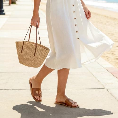 Athlefit Women's Flat Sandals Square Open Toe Comfortable Slip On Summer Beach Tan Slide Sandals Size 10 - Thumbnail 3