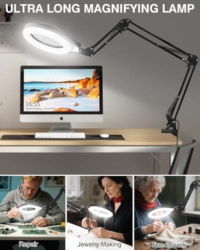 10X & 5X Magnifying Glass with Light, Ultra Long Swing Arm, 5 Colors & 10 Brightness, Real Glass Lens Large Magnifying Lamp for Craft Painting Workbench Jewelry Making Hobby Close Work (Orange) - Thumbnail 3