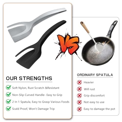 Egg Flipper Spatula Tongs 2 PCS Spatula for Non Stick Frying Pan 2 in 1 Grip & Flip Kitchen Tongs, High Heat Resistant BPA Free Cooking Utensils, Ideal Cookware for Pancakes, Fish, Eggs, Toast (black) - Thumbnail 2