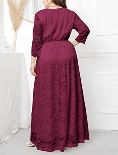 Eternatastic Womens Maxi Dress Evening Party 2/3 Sleeves Lace Long Dress XL Deep Red - Thumbnail 6