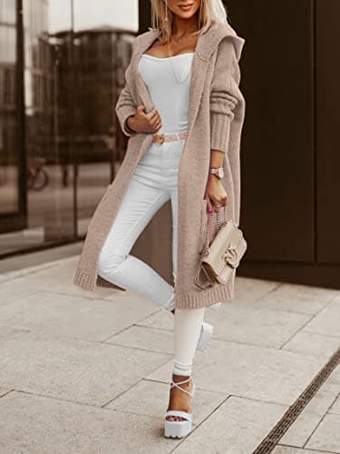 Aoysky Womens Long Cardigans Cable Knitted Open Front Oversized Hooded Outerwear Sweater Coat Apricot - Thumbnail 4