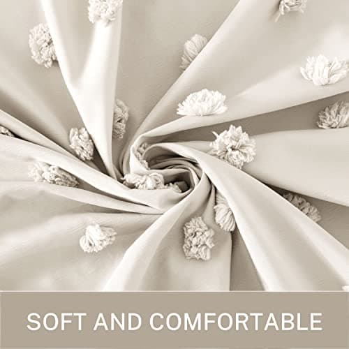Siiluminisoy Boho Farmhouse Beige Shower Curtain, 72 x 72 Tufted Pleat Floral Puffs Textured Modern Farmhouse Minimalist Shower Curtain Set with Hooks for Bathroom - Thumbnail 2