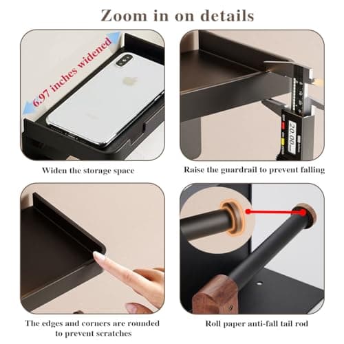 Bathroom Black Toilet Paper with Tissue Box Holder - Wall Mount Wooden Extension Rod with Widening Groove Bracket Aluminum Alloy Groove Rack for Paper Towel Holder and Wipes - Thumbnail 3