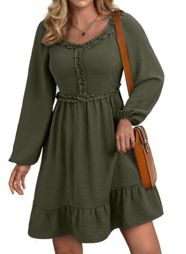 Dokotoo Womens Elegant Dresses 2026 Fashion Crewneck Long Sleeve Empire Waist Dress Casual Ruffle Trim Smocked Flowy Mini Dress Green Small - Image 1