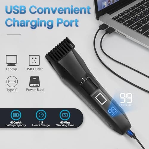 Beatslm Beard Trimmer for Men, 20 Length Adjustable, Cordless Waterproof Clippers, Stainless Steel T-Blade for Precision Facial Hair Trimming with 2 Guide Combs, Travel Lock, LED Display - Thumbnail 6
