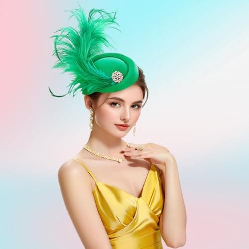 RiJinDuoJin Fascinators Hat Feathers Headband and Clip 20s 50s Pillbox Hats Cocktail Tea Party Headwear - Handmade Derby Hair Clip Feathers Fascinators for Girls and Women - Green - Thumbnail 2