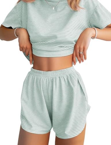 JUSTFASHIONNOW Shorts Pajama Set for Women Two Piece Lounge Set Striped Print Crew Neck Loungewear Short Sleeve Tee and Side Split Shorts Set Summer Outfits Cute Pj Sets Cyan XL - Image 1