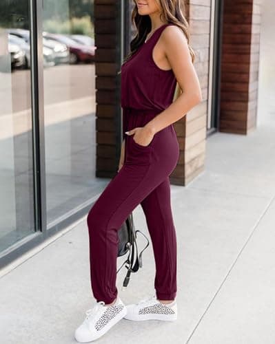 KIRUNDO Women 2026 Summer Jumpsuits Casual Sleeveless Drawstring Elastic Waist Romper Vacation Cruise Airport Travel Outfits(Wine Red, X-Large) - Thumbnail 6