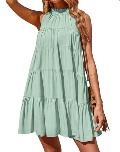 Okiwam Womens Summer Dress 2026 Sleeveless Halter Neck Flowy Mini Sundress Casual Babydoll Spring Beach Vacation Clothes-S Light Green - Image 1