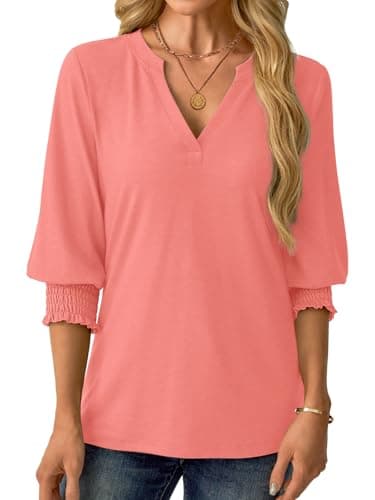 GKBK Womens 3/4 Sleeve Shirts V Neck Dressy Casual Spring Summer Blouses with Smocked Cuffs - Thumbnail 4