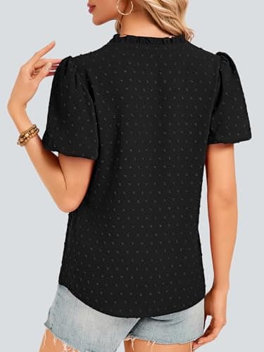 Funlingo Womens Boho Tops Summer Short Puff Sleeve V Neck Blouses Dressy Casual Flowy Swiss Dot Lace Crochet Babydoll Shirts Trendy Clothes 2026 Black 3XL - Thumbnail 3