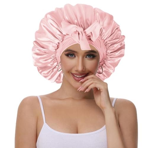 Vettres Silk Bonnet for Sleeping Straight Hair Double Layer Satin Bonnets with Tie Satin Hair Bonnet for Sleeping Pink Rose - Thumbnail 2