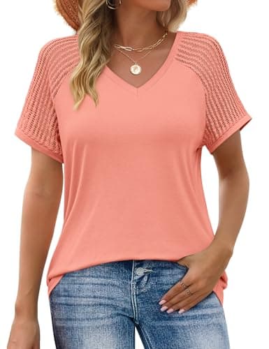JUSTFASHIONNOW Short Sleeve Blouses for Women Cute Summer Tops Dressy Casual V Neck Tshirts 2026 Trendy Spring Clothes（Coral,Small - Image 1