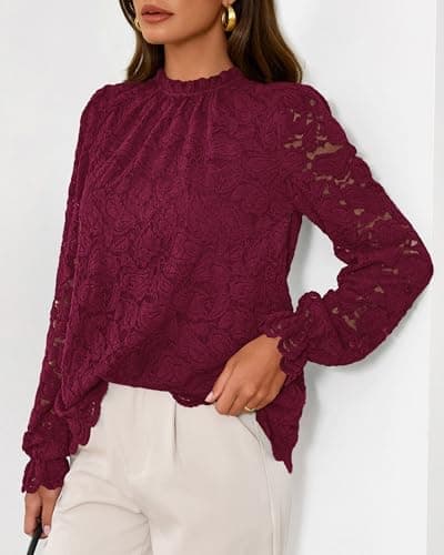 KIRUNDO Blouses for Women Dressy Casual Lace Long Sleeve Tops Mock Neck Ruffle Shirts 2026 Spring Fall Fashion Clothing(Burgundy, Large) - Thumbnail 5
