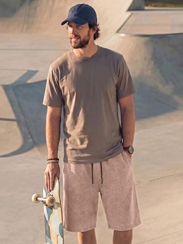 JMIERR Acid Washed Cotton Shorts for Men Relaxed Fit Stretchy Comfy Elastic Waist Drawstring Streetwear Summer Y2K Vintage Baggy Dress Shorts, Light French Beige, Small - Thumbnail 3