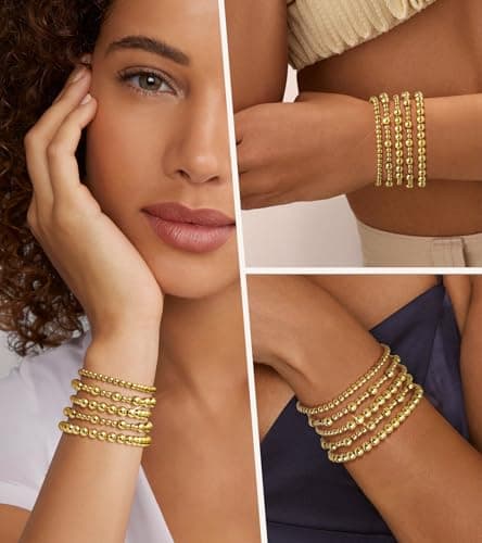 adoyi Gold Bracelets for Women Beaded Bracelet 14K Gold Plated Bracelet Stack Strand Stretch Bead Ball Bracelet Set Stackable Bracelet Adjustable Bracelet Set Jewelry for Gifts 7.25 inches - Thumbnail 4