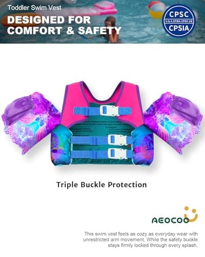 AEOCOO Puddle Float Jumper 20-30-50 Pounds, Toddler Swim Vest for 1-3-5 Years Old, Pool Floats with Swimming Arm Floaties Swim Jacket with Water Wings for Kids Swimmies, Boys, Girls, Niños, Mermaid - Thumbnail 3