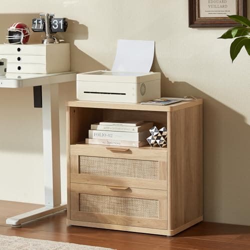 LEYAOYAO Rattan Night Stand with Charger Station, 23" Wide Boho Nightstand with 2 Drawers, Natural Wood Bedside Table Open Storage Cabinet, Bed Side End Tables Dresser for Bedroom, Living Room Hallway - Thumbnail 5