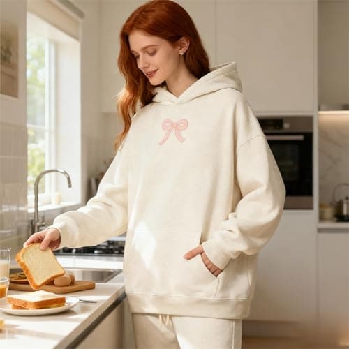 jnospne Women Hoodies Oversized Fleece Cotton Comfy Casual Pink Bow Pullover Sweatshirts 2026 Spring Outfits Y2K Clothes - Thumbnail 3