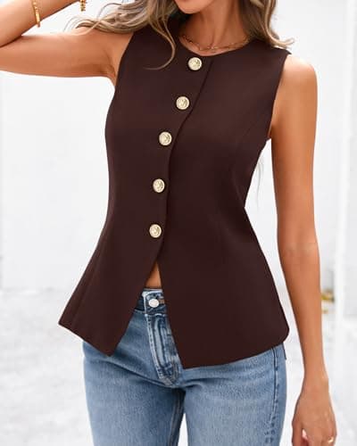 BTFBM Summer Sleeveless Blazer Vest For Women Dressy Button Down Round Neck Business Casual Outfits Work Suit Vests Tops(Brown, XX-Large) - Thumbnail 4
