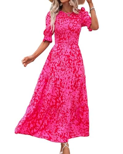 BTFBM Women Casual Summer Dresses 2026 Spring Crew Neck Ruffle Short Sleeve Smocked Floral Boho Flowy Maxi Dress Clothes(Print Rose Red, Small) - Image 1