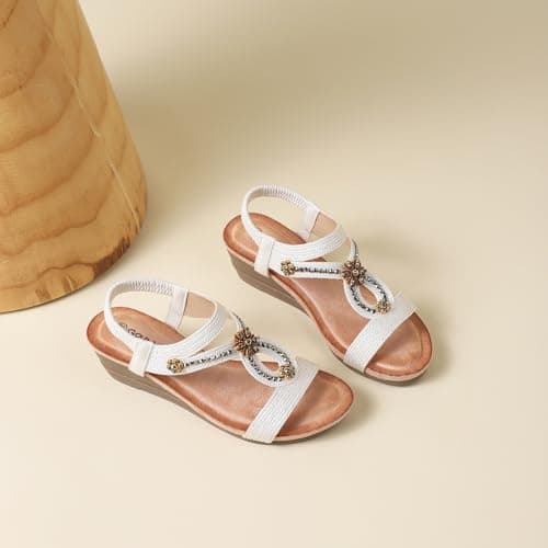 Goldnut White Wedge Sandals for Women Dressy, Woman's Sandal Comfortable White Low Wedges Heels Ankle Elastic Strap Sandles with Flower Rhinestones Size 7 - Thumbnail 6