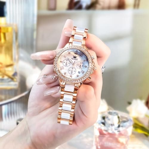 OLEVS Women's Rose Gold Watch Waterproof Ceramic Stainless Steel Band Luxury White Mother of Pearl Dial Chronograph Elegant Ladies Watches Quartz Diamond Accents Luminous Dress Watch Gift for Women - Thumbnail 4