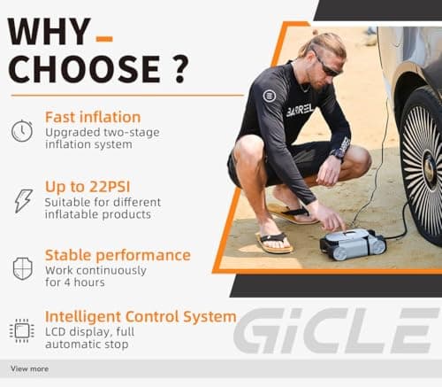 GICLE Paddle Board Pump Electric 12V DC, SUP Air Pump with Dual Stage Fast Inflation & Auto-Off, Electric Air Pump for Inflatable Paddle Board, Boat, Kayak, Air Mattress,Tents (DC12V 22PSI) - Thumbnail 3
