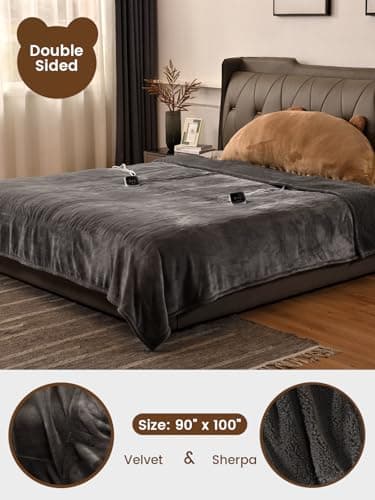 Bearhug Electric Blanket King Size with Dual Controls, 10 Heat Levels & 1-12H Auto Shut-Off, Fast Heating Soft Velvet to Sherpa Heated Blanket for Couples, Machine Washable, Gray - Thumbnail 6