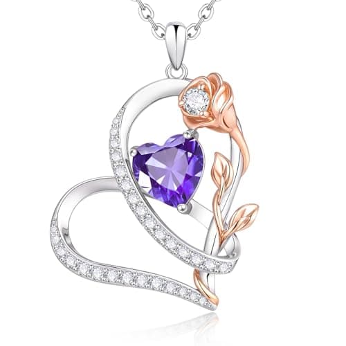 Rose Heart Birthstone Necklace for Women - Dainty 925 Sterling Silver Necklaces for Women Trendy CZ Pendant Necklace Jewelry Birthday Anniversary Christmas Gifts for Girlfriend Mom Lady Daughter - Image 1