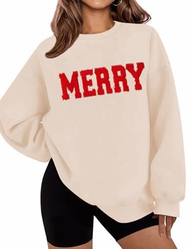 LETSEE Womens Christmas Sweatshirt Crewneck Graphic Oversized Casual Ugly Funny Pullover Sweaters Comfy Fall Fashion Outfits, Apricot, Small - Image 1