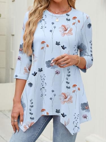 JUSTFASHIONNOW 3/4 Length Sleeve Tunic Tops for Women Loose Fit Dressy Casual Plus Size Blouses Shirts Asymmetrical Hem Floral Top（Sky Blue，X-Large - Thumbnail 5