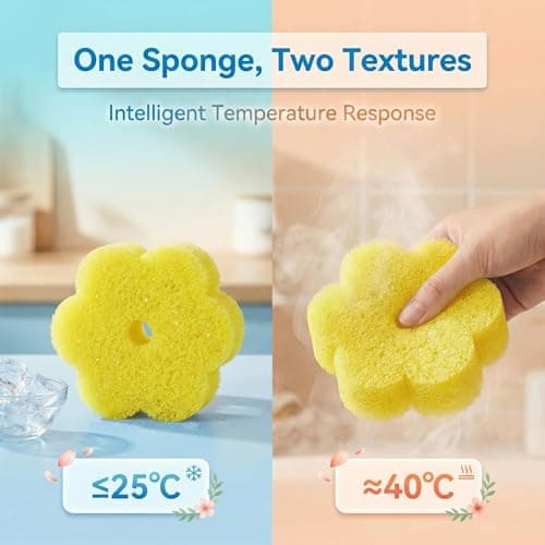 Scrub Flower Temperature Sensitive Sponges -Non-Scratch Scrubbers for Kitchen & Home - Firm in Cold & Soft in Warm Water - Odor Resistant Color-Coded Dish Sponges (Golden Sunflower, 3 Count) - Thumbnail 4