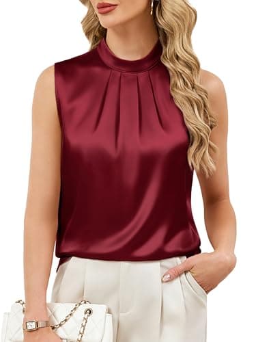 Funlingo Silk Satin Tank Tops for Women Sleeveless Casual Camisole Blouses Summer Trendy Work Shirt Business Casual Outfits Wine Red S - Image 1