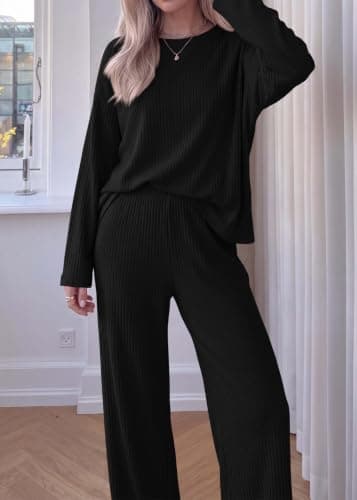 KIRUNDO Spring 2 Piece Lounge Sets for Women Long Sleeve Ribbed Knit Tops Wide Leg Pants Matching Travel Outfits Postpartum(Black, XX-Large) - Thumbnail 5