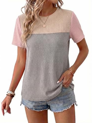 BLENCOT Women's Tops Comfort Colors Tshirt Spring Crewneck Loose Trendy Casual Oversized Short Sleeve Knit Summer Ladies Dressy Blouse Khaki Gray X-Large - Image 1
