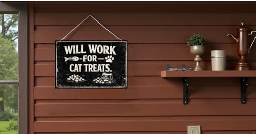 Will Work For Cat Treats Vintage Tin Sign Funny Pet Lover Wall Decor Retro Metal Plaque Rustic Humor Artwork for Home Kitchen Office Cat Room 8x12 Inch Pre Drilled Holes - Thumbnail 4