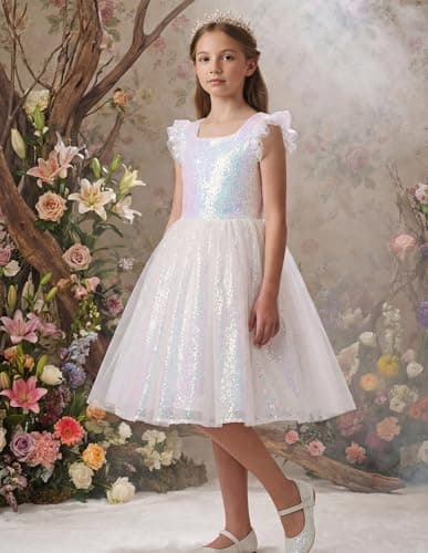 GRACE KARIN Girls Party Sequin Dress Size 8, Kids Birthday Dance Formal Sparkly Dresses, Wedding Flower Girl Dress White - Thumbnail 3