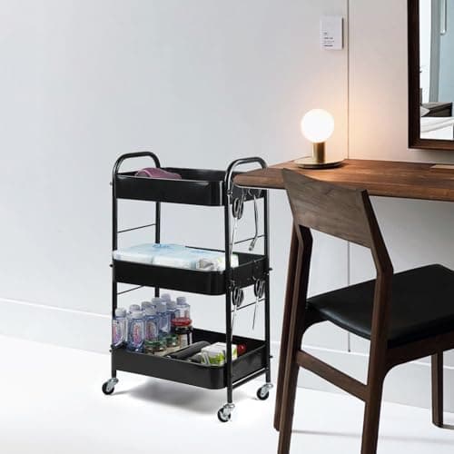 SUNLPH 3-Tier Rolling Utility Cart with Stopper Caster Wheels and 4 Hooks, Easy Assembly, for Kitchen, Bathroom, Living Room, Office (17.7”L x 12.2”W x 29.1”H, Black) - Thumbnail 5