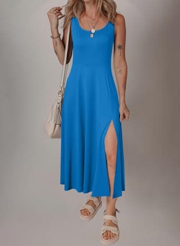 Acelitt Summer Dresses for Women 2025 Casual Crew Neck Sleeveless Sundresses Beach Vacation Clothes with Pockets Blue Medium - Thumbnail 3