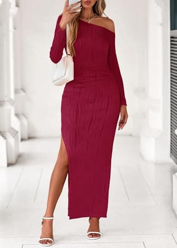 Lazysmile Womens Long Sleeve Maxi Dresses Off Shoulder Bodycon Cocktail Formal Wedding Guest Slit Long Dress Fall Outfits Red - Thumbnail 3
