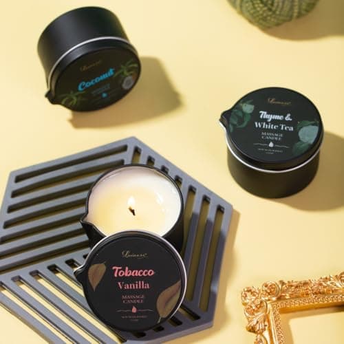 Massage Oil Candle 3 Pack,Coconut Oil Based-Daily Moisturizing Body Oil Relaxing-Natural Therapy Oil Scented Candle-6.9OZ (Coconut, Tobacco Vanilla, Thyme & White Tea) - Thumbnail 6