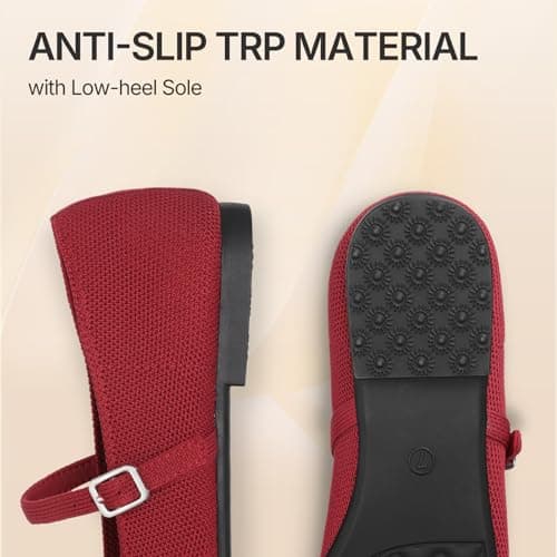 ATHMILE Square Toe Ballet Flats Mary Janes Shoes Women with Padded Heel & Adjustable Strap, Knit Slip-On Flats for Women for Office, Dressy & Casual, Machine Washable for Easy Care Red Size 10 - Thumbnail 6