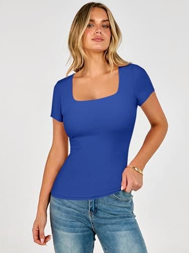 ANRABESS Women's Short Sleeve Double Lined Tops Built in Bra,Royal Blue,L - Thumbnail 5