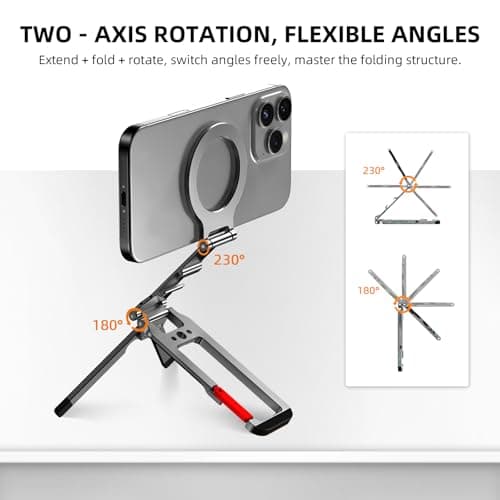 Flymile Magnetic Phone Tripod Stand for iPhone, Aluminium Lock Mini Tripod with Arca-Swiss, for MagSafe Smartphone Holder Quick Mount with 1/4'' Screw Hole and Cold Shoe for iPhone 17 16 15 14 13 12 - Thumbnail 3