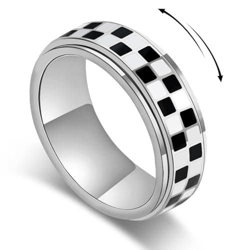 Checkerboard Fidget Ring for Men - 8mm Black and White Checkered Anxiety Spinner Jewelry for Adults, Stainless Steel Roating Ring for Stress Relief, Modern Jewelry Gift for Men Women (Silver, 8)