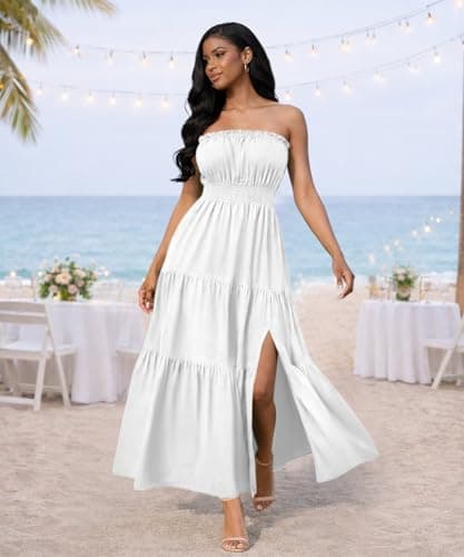 ABKY Off The Shoulder Dress Summer Strapless Tube Top Dresses Long Flowy A Line Side Slit Vacation Beach Holiday Party Outfit White L - Thumbnail 3