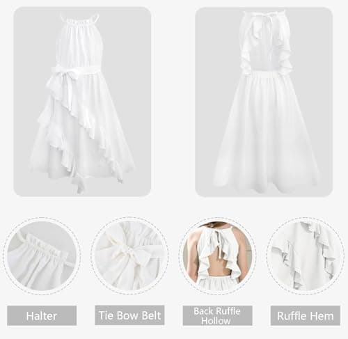 Girls Dresses Size 6 Casual Halter Ruffle Tie Back Swing A-Line Midi Junior Sundress 2026 5t White Tween Summer Dress - Thumbnail 5
